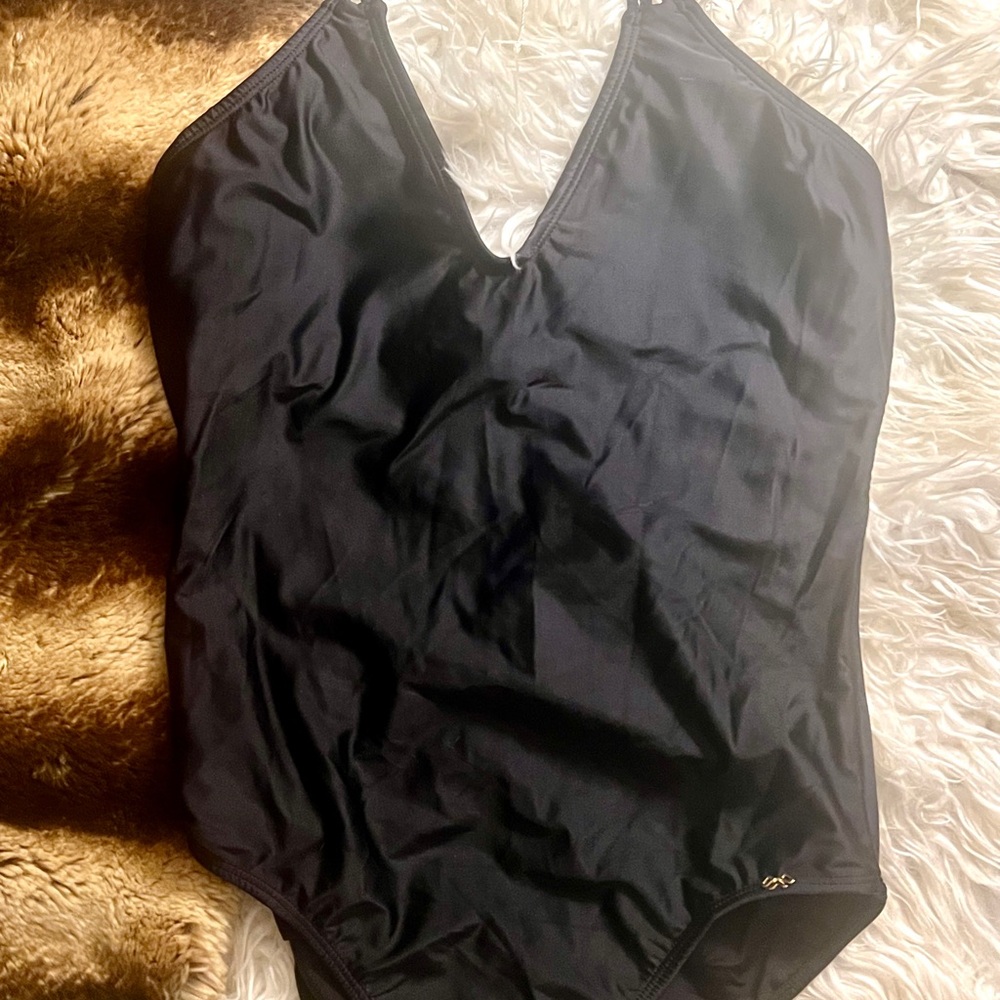 PQ Swim Midnight Gold Braided Black Halter One-Piece Swimsuit! Sz 10! So Chic!